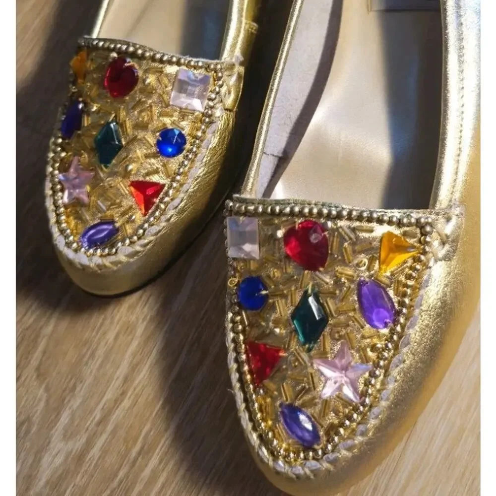Vintage AJ Valenci Gold Leather Jeweled Flats Loafers Size 7.5 (Fits Like 7)...